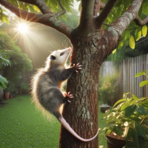 An opossum climbing in a tree during the day.