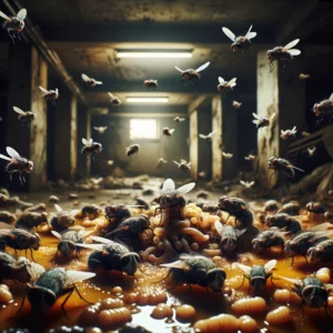 Flies, maggots, and other insects around a dead animal