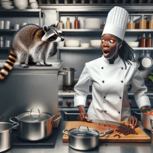 Raccoon making trouble in the kitchen of a restaurant