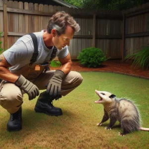 agressive opossum facing an expert wildlife removal in a yard.