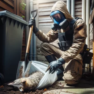 carefully placing the animal carcass into a plastic bag