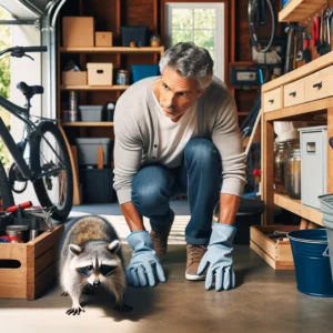 homeowner removing a raccoon from garage