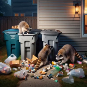 overturned trash cans by raccoons