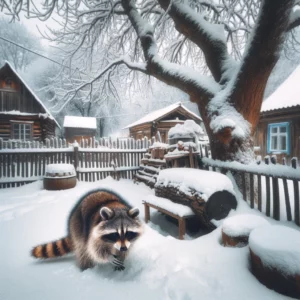 raccoon at backyard in winter