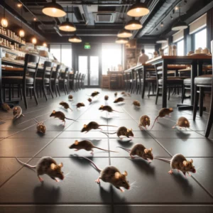 rodents running over the floor of a restaurant. 
