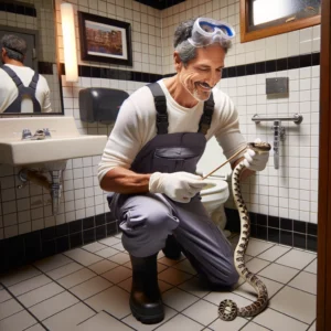 snake removal expert removing a snake from the bathroom of a restaurant.