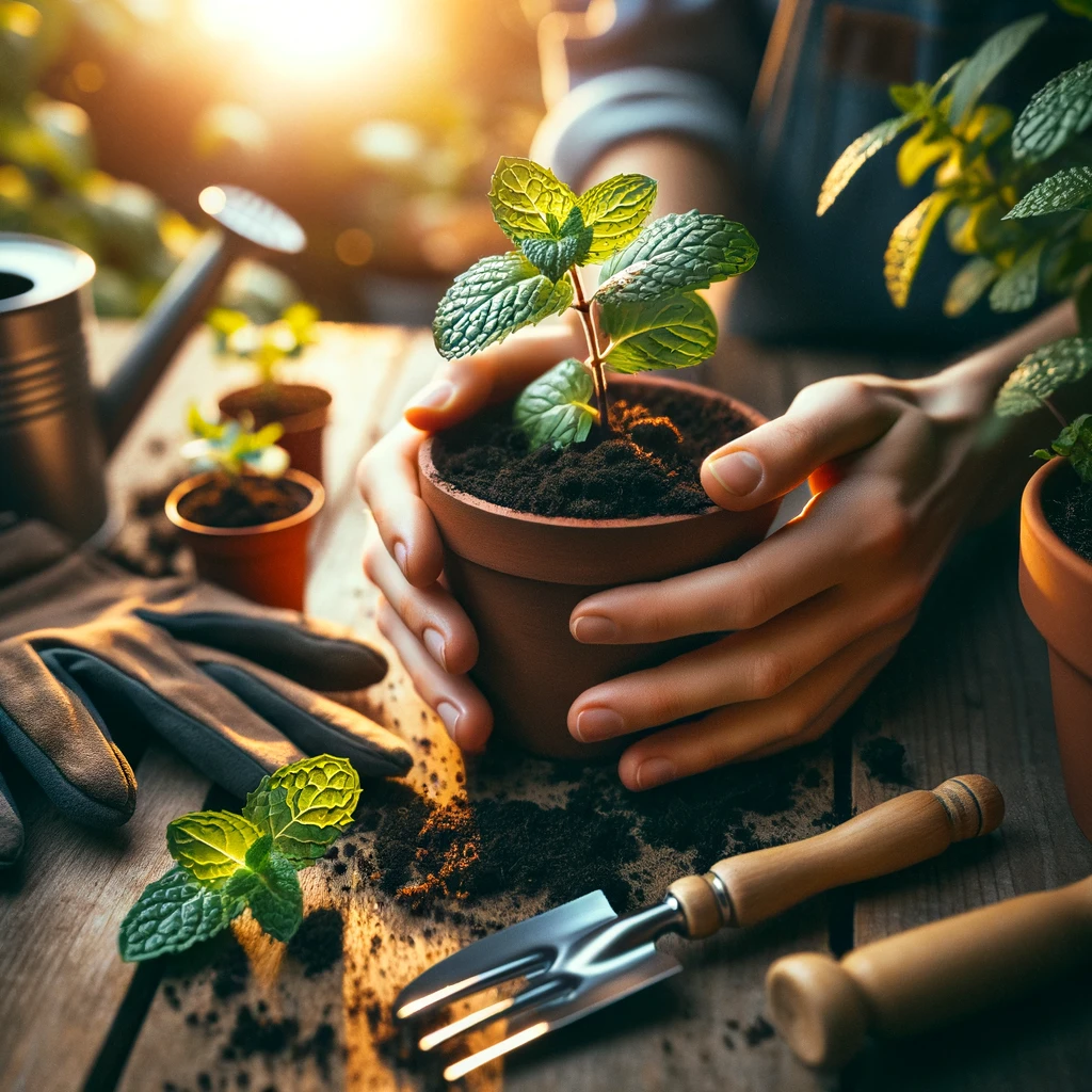A close-up scene of hands planting fresh mint leaves in a small pot filled with soil - Ultimate Guide to Rat-Proofing Your Outdoor Space