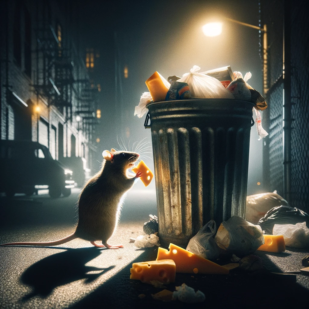 A mischievous rat caught in the act of stealing food from an open trash can under the cover of night - Ultimate Guide to Rat-Proofing Your Outdoor Space