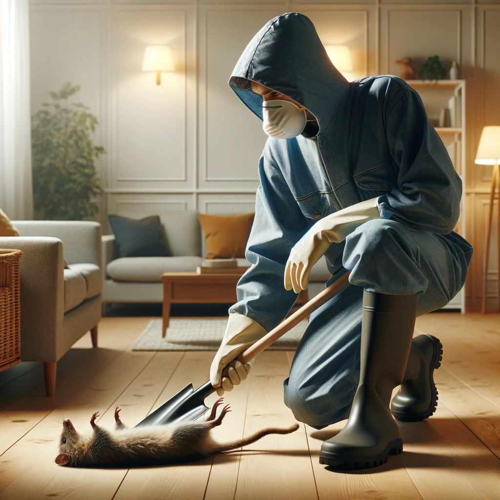  a person in protective gloves and a mask, carefully removing a dead animal from their house 