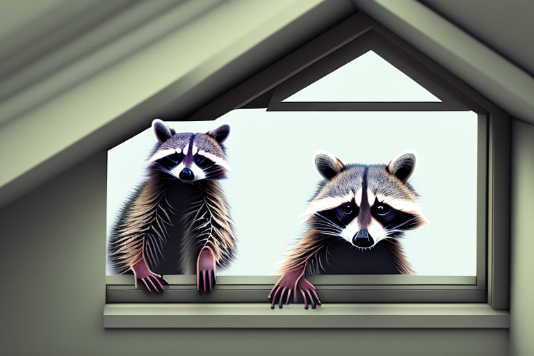 A raccoon peering out from an attic window