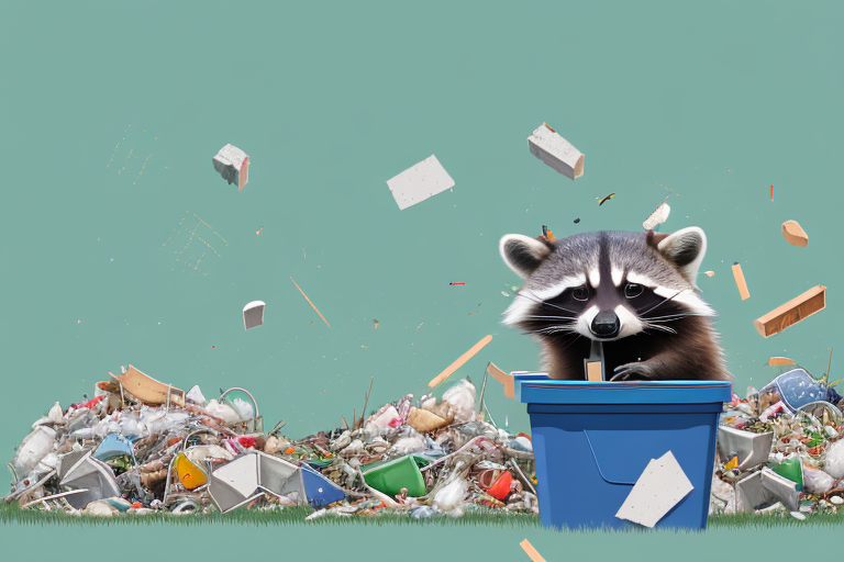 A raccoon rummaging through a tipped over trash bin in a suburban backyard