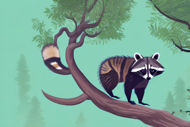 A raccoon in the act of climbing a tree in a forest setting