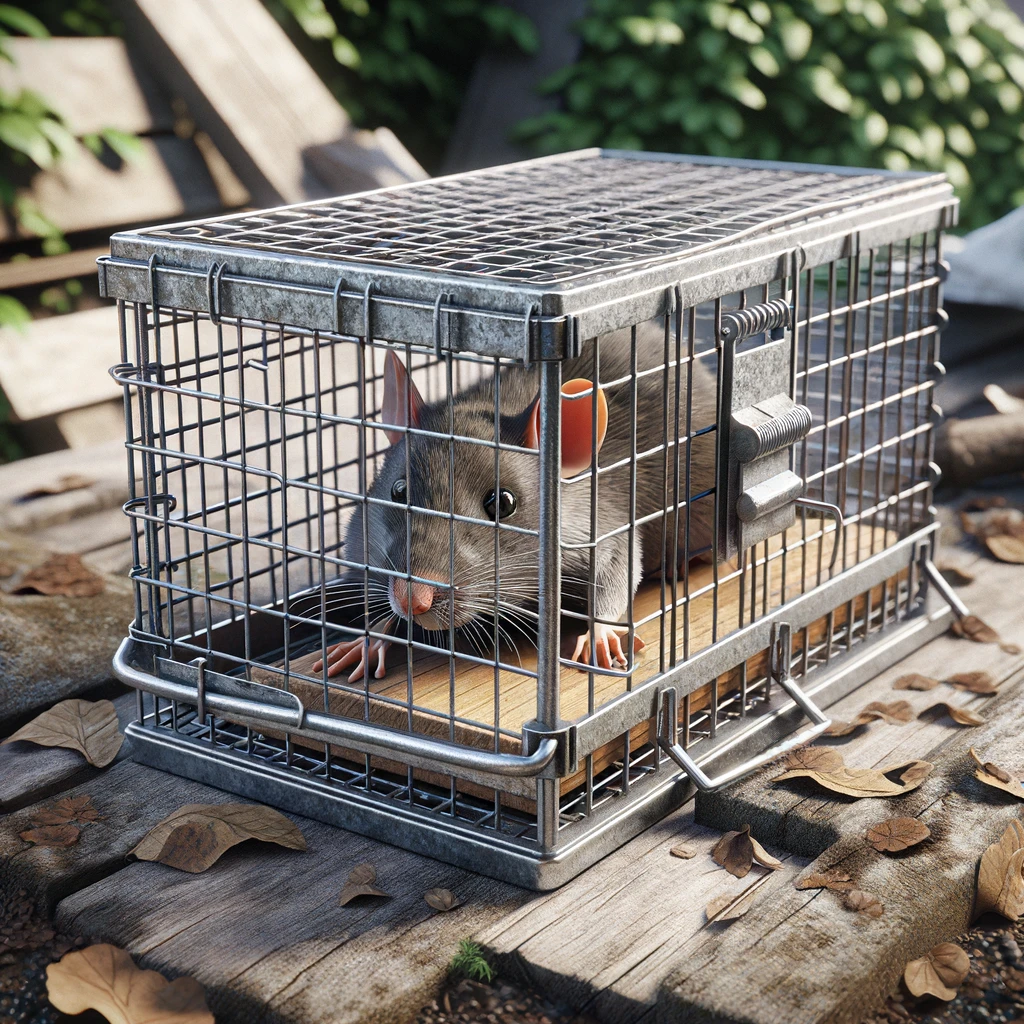 a live trap for rats, showcasing a typical metal cage design. 