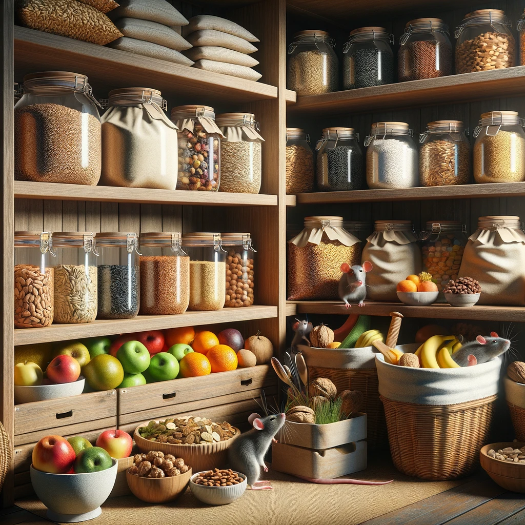 pantry, featuring a variety of rat-friendly foods like grains, fruits, nuts, and seeds. 