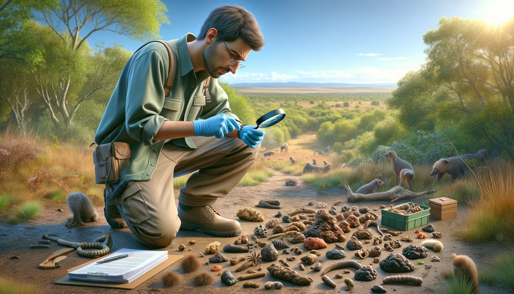 a person identifying animal droppings in a natural outdoor setting.