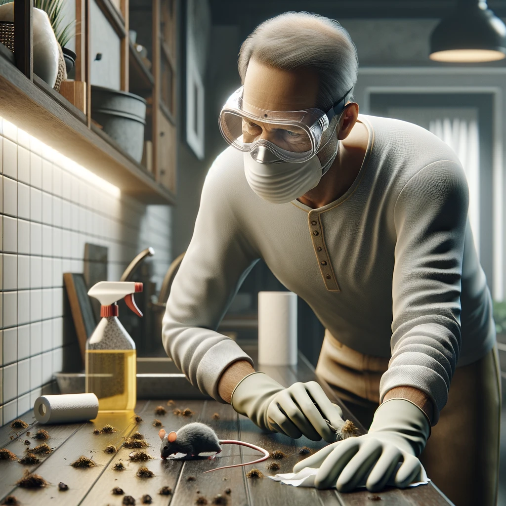 a person wearing gloves, a mask, and protective eyewear, cleaning up mouse droppings in their home.