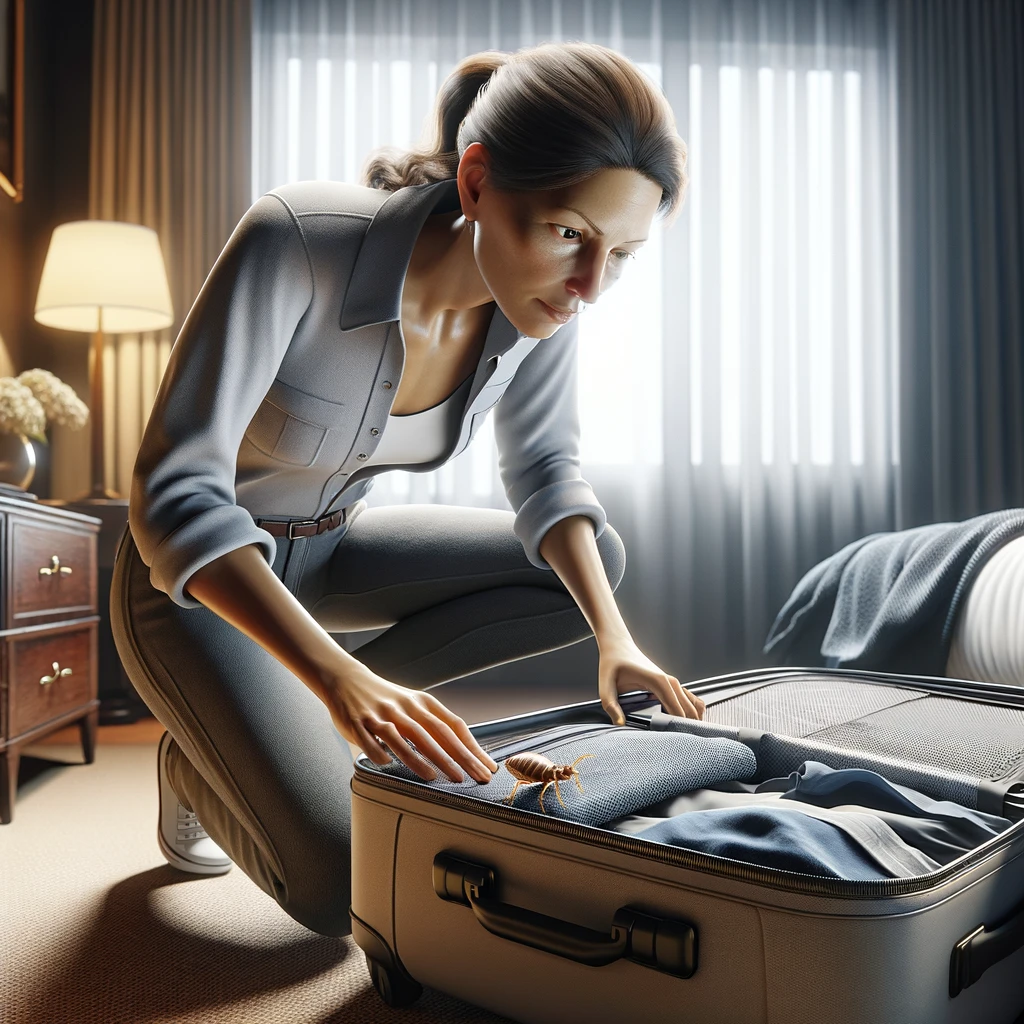 a person checking for bed bugs on luggage.