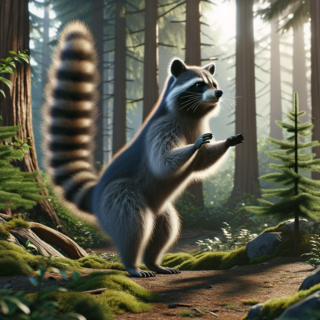  a raccoon displaying posturing and tail movements to communicate dominance, submission, or aggression. 