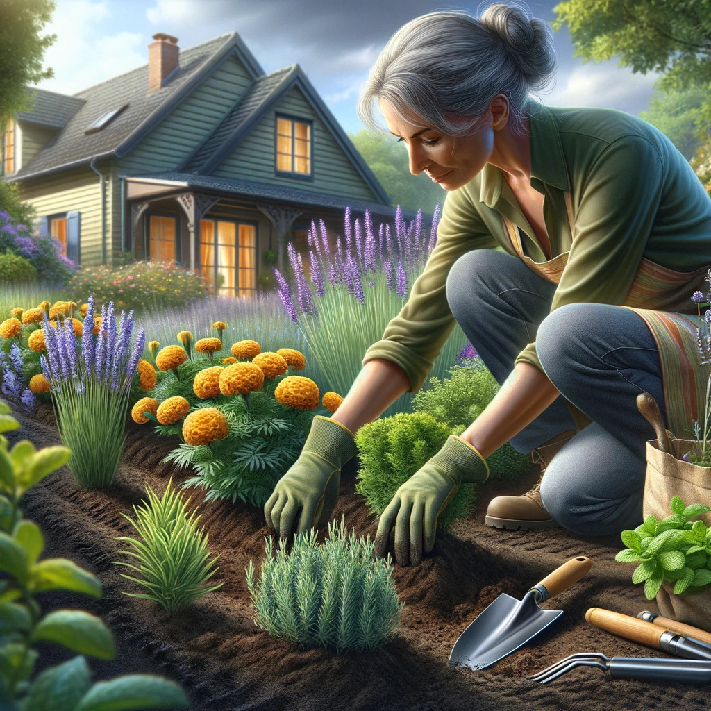 a person planting marigolds, lavender, or mint around their home. 