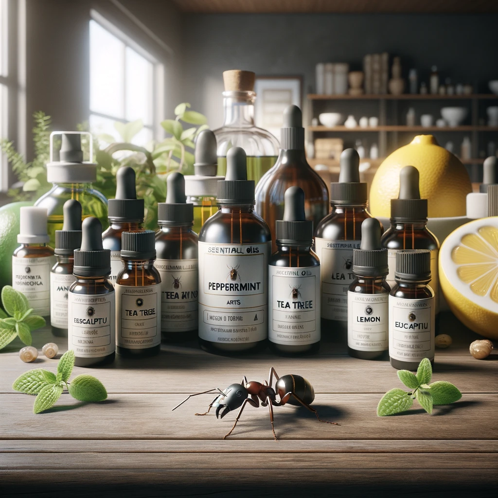 various essential oils used to repel ants, displayed on a table. 