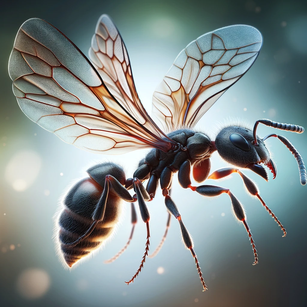 An illustration of a winged ant, showcasing its detailed anatomy with translucent wings, segmented body, and six slender legs. 